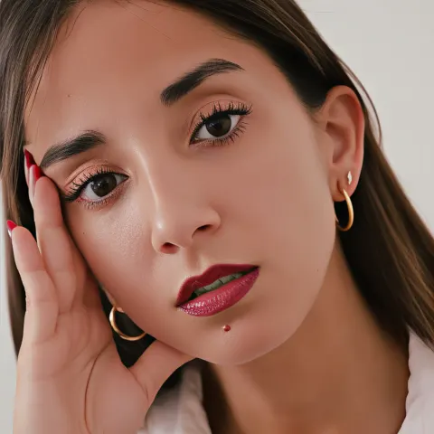 Yanağını eline dayamış, altın küpeli ve kırmızı ojeli bir portre